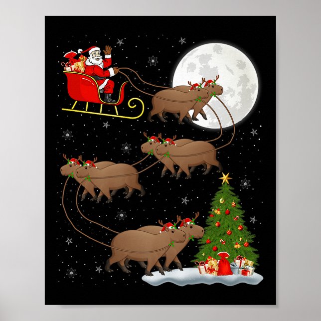 Capybara Santa Sleigh Flying Funny Magical Christm Poster (Front)