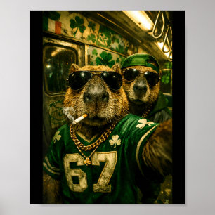 Capybara selfie st. patrick's day hip hop gangster poster