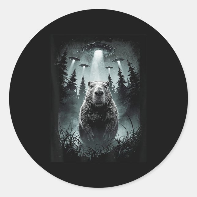 Capybara Selfie With Alien Ufo Funny Capybara Gift Classic Round Sticker (Front)