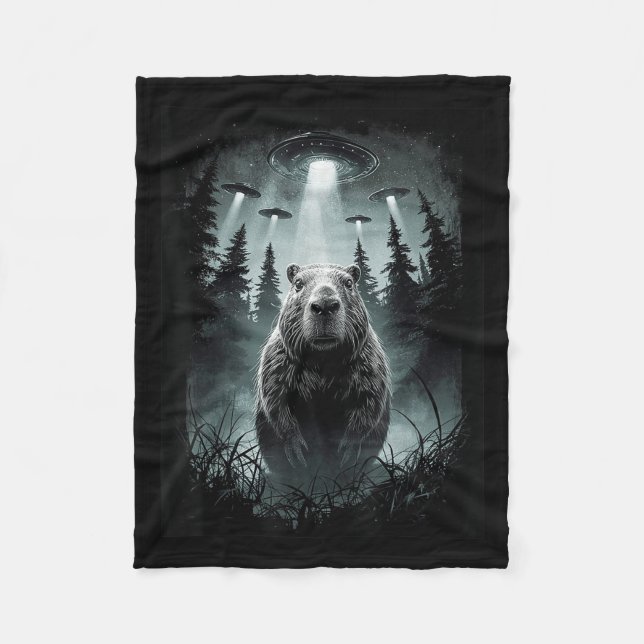 Capybara Selfie With Alien Ufo Funny Capybara Gift Fleece Blanket (Front)