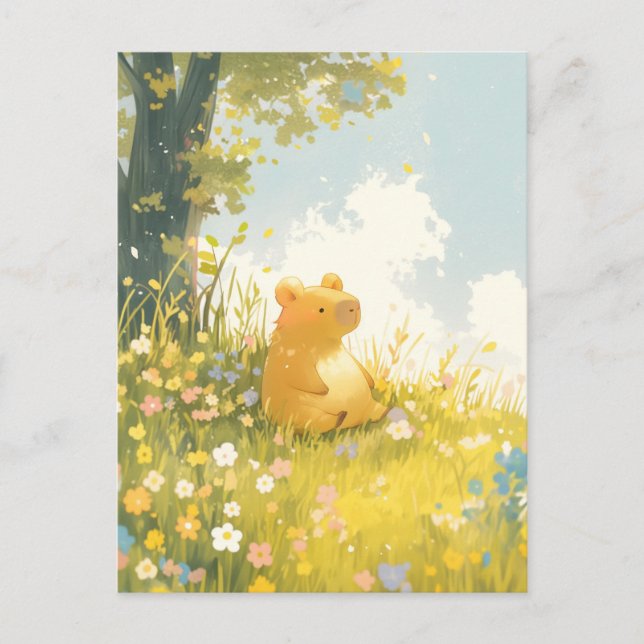 Capybara Sitting in Wildflower Meadow under Tree Postcard (Front)