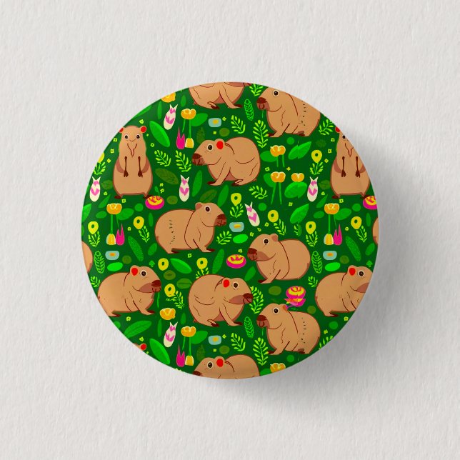 Capybara Sketch with Spring Flowers on Green 3 Cm Round Badge (Front)