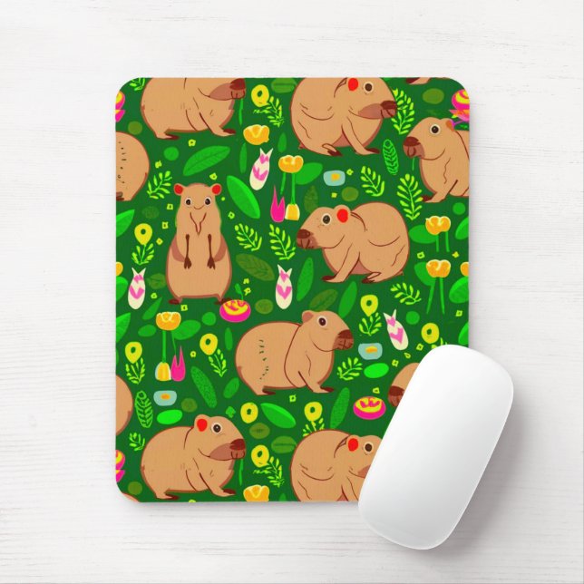 Capybara Sketch with Spring Flowers on Green Mouse Pad (With Mouse)