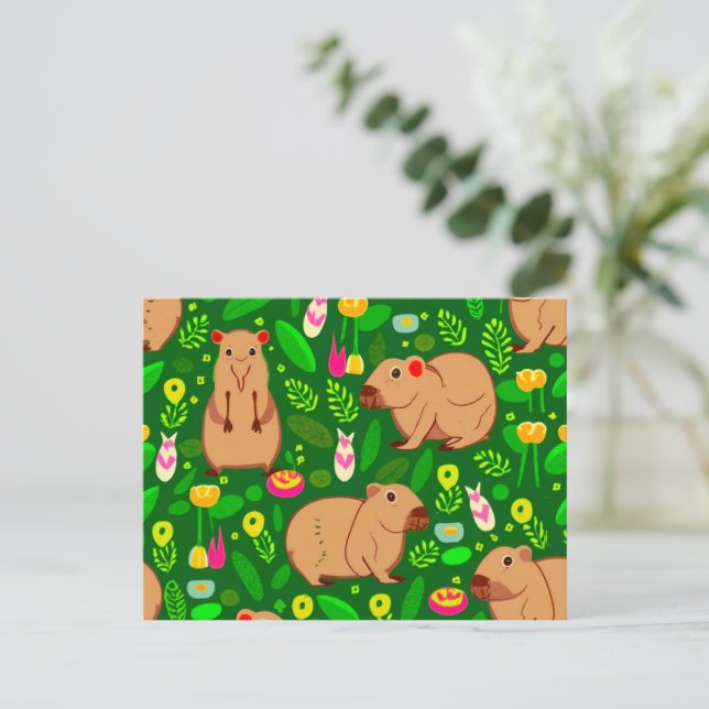 Capybara Sketch with Spring Flowers on Green Postcard (Standing Front)