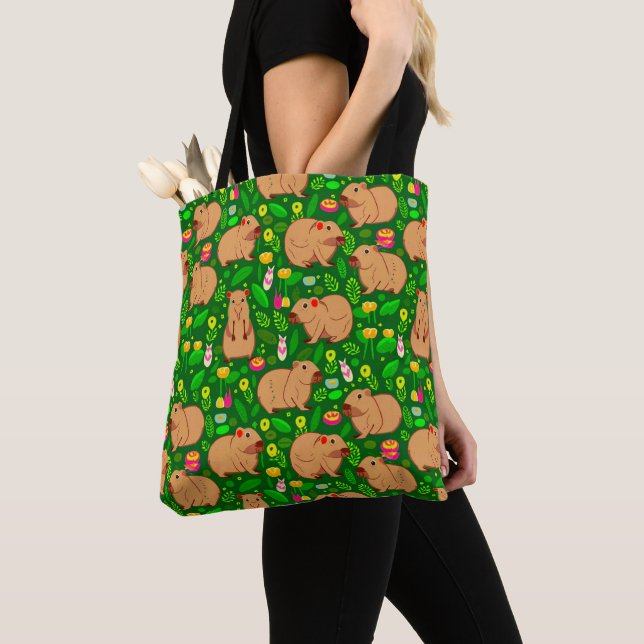 Capybara Sketch with Spring Flowers on Green Tote Bag (Close Up)