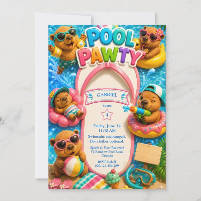 Capybara Splash Bash Pool Party Birthday  Invitation (Front)