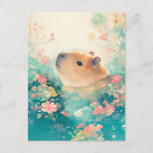 Capybara Swimming in Pink Wildflower Pond Postcard