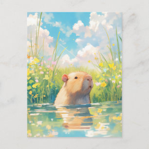 Capybara Swimming in Sunny Wildflower Meadow Pond Postcard