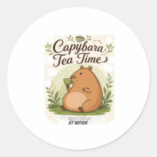 Capybara Tea Time | Cute Capybara Drinking Tea Fun Classic Round Sticker