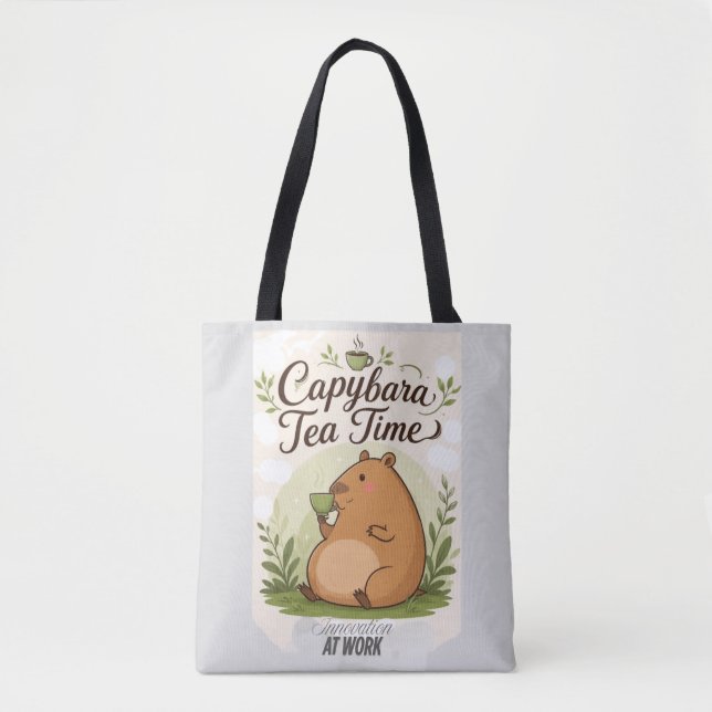 Capybara Tea Time | Cute Capybara Drinking Tea Fun Tote Bag (Front)