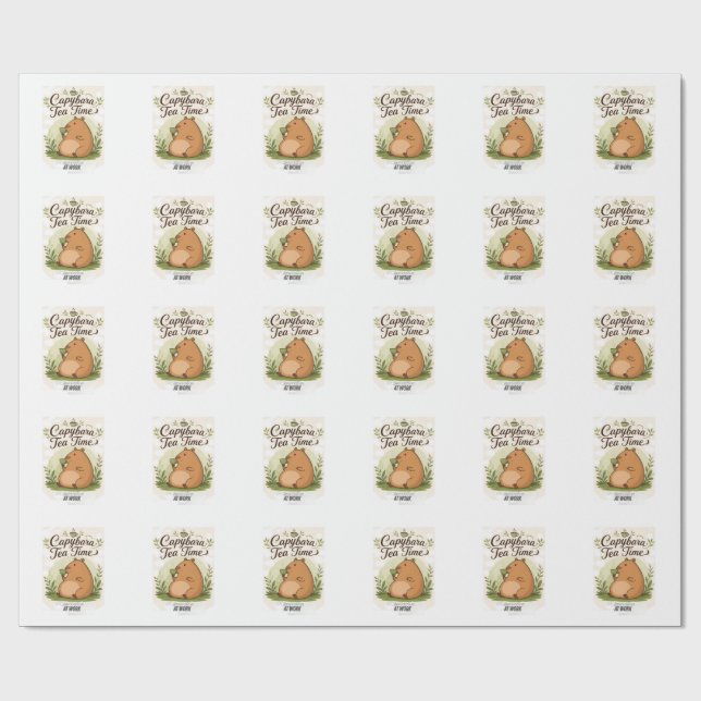 Capybara Tea Time | Cute Capybara Drinking Tea Fun Wrapping Paper (Flat)