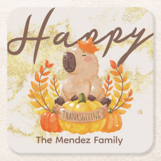 Capybara Thanksgiving Family Dinner Square Paper Coaster