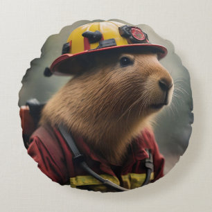 "Capybara to the Rescue: Firefighter Extraordinair Round Cushion