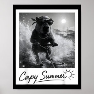 Capybara water skiing summer funny meme poster