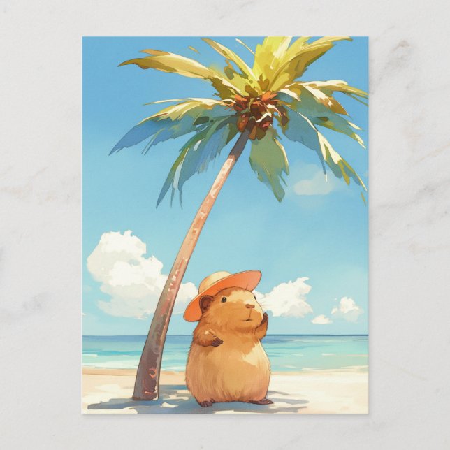 Capybara Wearing Sun Hat on Tropical Summer Beach Postcard (Front)