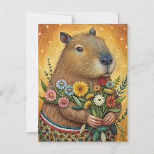 Capybara with flowers folk art postcard