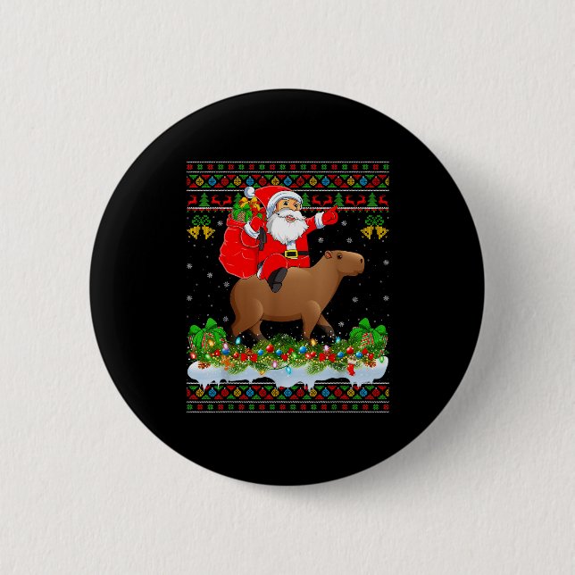 Capybara Xmas Pajamas Ugly Santa Riding Capybara C 6 Cm Round Badge (Front)