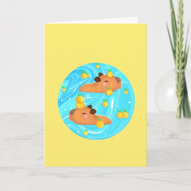 Capybaras In Water With Oranges Card (Front)