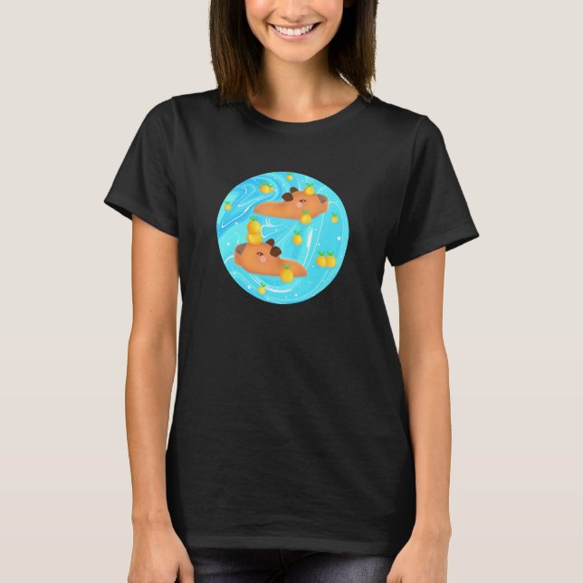 Capybaras In Water With Oranges T-Shirt (Front)