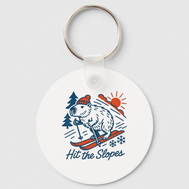 Capyra Shredding The Slopes Winter Mountain Skiing Key Ring (Front)