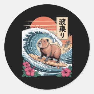 Capyra Surfing Big Wave Tropical Sunset Japanese V Classic Round Sticker