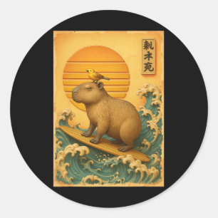 Capyra Surfing Wave Japanese Vintage Ukiyo-e Art Classic Round Sticker