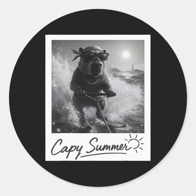 Capyra Water Skiing Summer Funny Meme  Classic Round Sticker (Front)