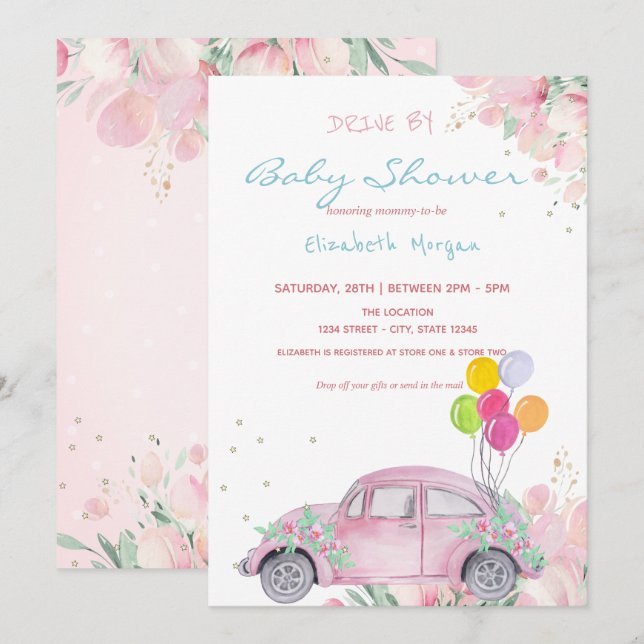 Car Balloons Stars Floral Drive By Baby Shower Invitation (Front/Back)