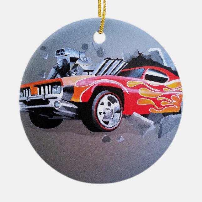 Car Crashing Through Wall Ceramic Tree Decoration (Front)