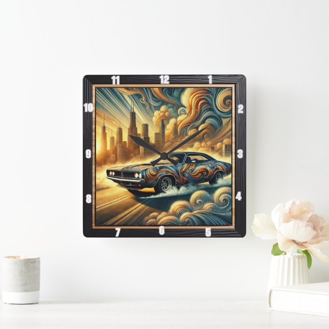 Car-Inspired Abstract Cityscape and Vibrant Design Square Wall Clock (Home)