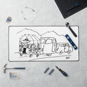 Car is Towing a Caravan and a Greenhouse. Funny Desk Mat