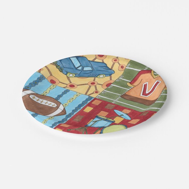 Car, Jersey, Football and Drum Kit Paper Plate (Angled)