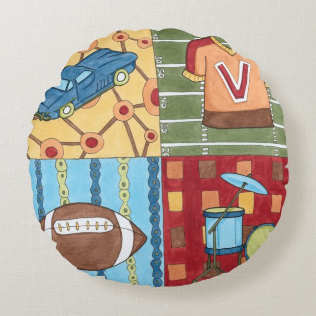Car, Jersey, Football and Drum Kit Round Cushion (Front)