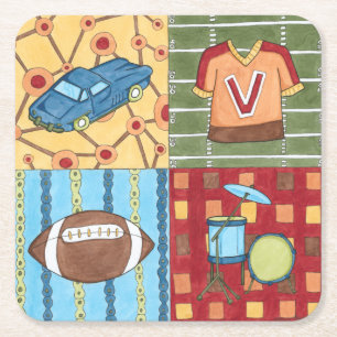 Car, Jersey, Football and Drum Kit Square Paper Coaster