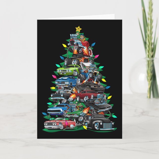 Car Madness Christmas Tree! Muscle Cars And Hotrod Card (Front)