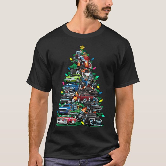 Car Madness Christmas Tree! Muscle Cars And Hotrod T-Shirt (Front)