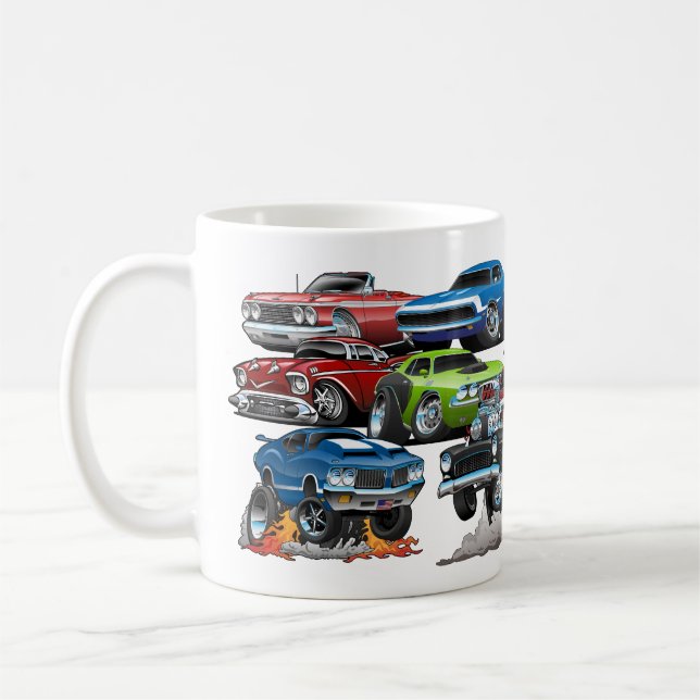 Car Madness! Muscle Cars and Hot Rods Cartoon Coffee Mug (Left)