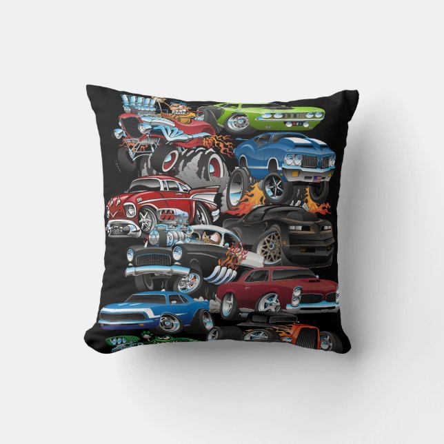 Car Madness! Muscle Cars and Hot Rods Cartoon Cushion (Front)
