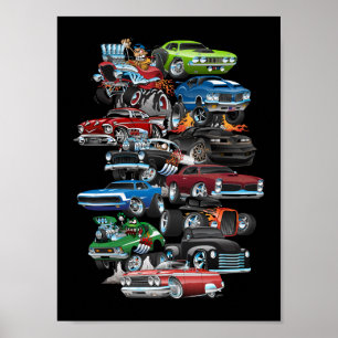 Car Madness! Muscle Cars and Hot Rods Cartoon Poster