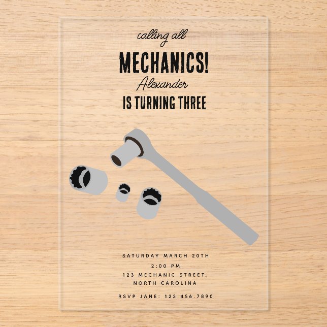 Car Mechanic Automotive Tools Boy Birthday Party Acrylic Invitations (Front)