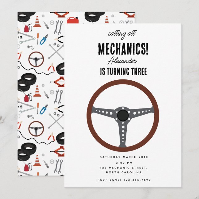 Car Mechanic Automotive Tools Boy Birthday Party Invitation (Front/Back)