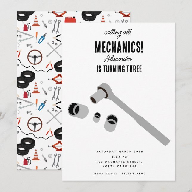 Car Mechanic Automotive Tools Boy Birthday Party Invitation (Front/Back)