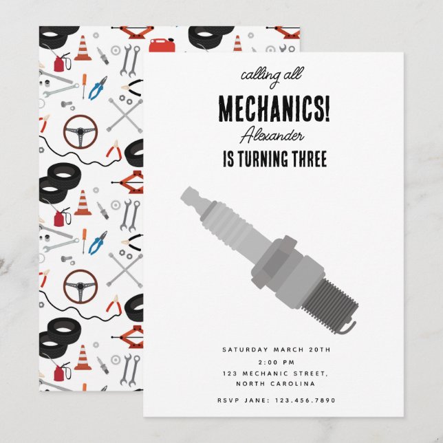 Car Mechanic Automotive Tools Boy Birthday Party Invitation (Front/Back)