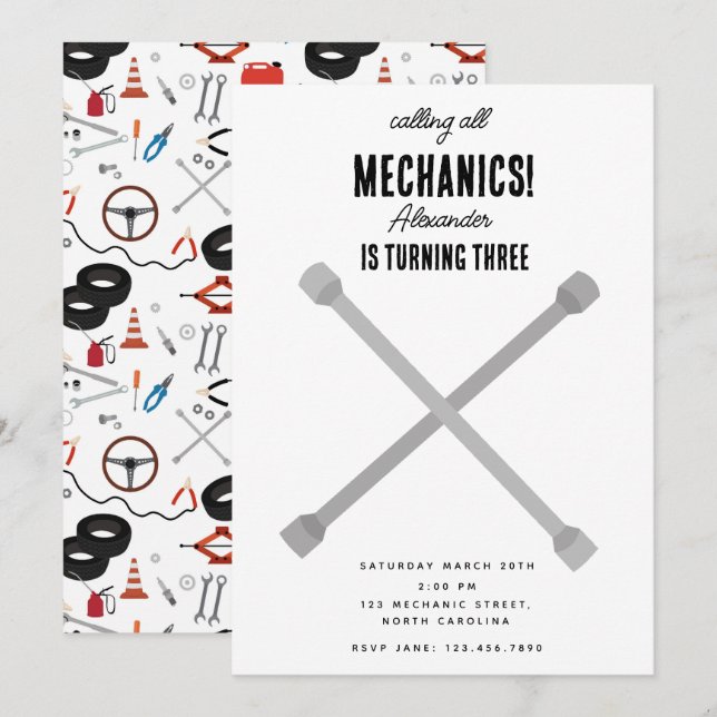 Car Mechanic Automotive Tools Boy Birthday Party Invitation (Front/Back)