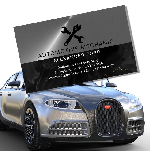 car mechanic garage Metallic silver shiny steel Magnetic Business Card (Creator Uploaded)