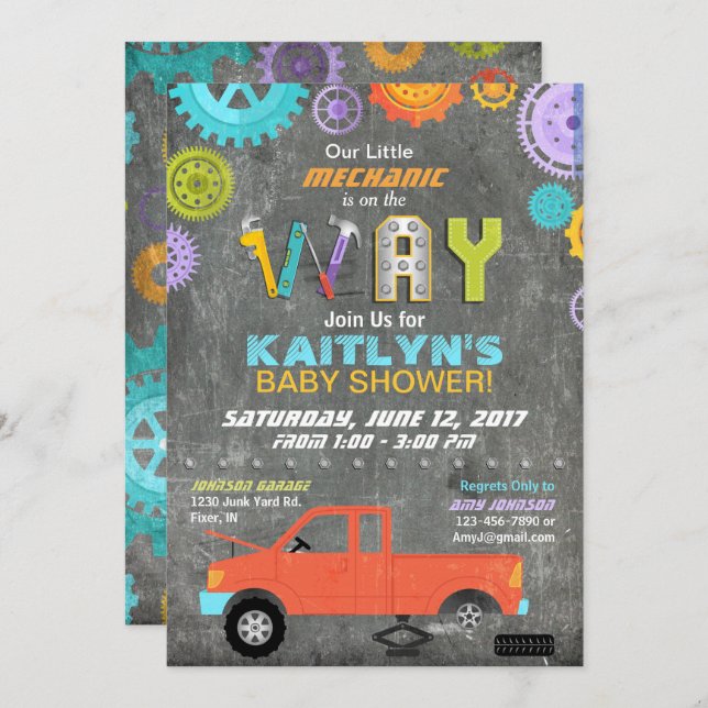 Car Mechanic Gears Tools Chalkboard Baby Shower Invitation (Front/Back)