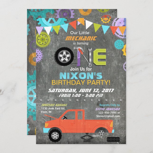 Car Mechanic Gears Tools Chalkboard Birthday Invitation (Front/Back)
