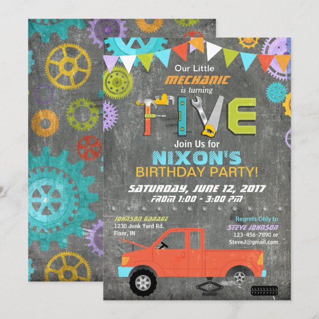 Car Mechanic Gears Tools Chalkboard Birthday Invitation (Front/Back)