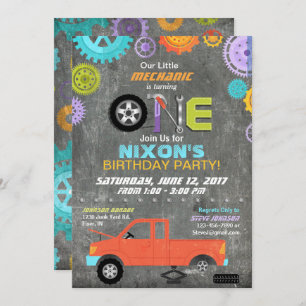 Car Mechanic Gears Tools Chalkboard Birthday Invitation