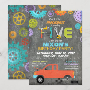 Car Mechanic Gears Tools Chalkboard Birthday Invitation